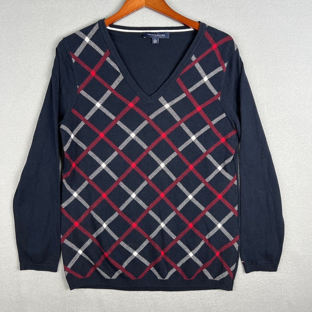 Tommy Hilfiger Argyle‎ Knit Sweater Womans XL Cotton Diagonal V Neck Preppy